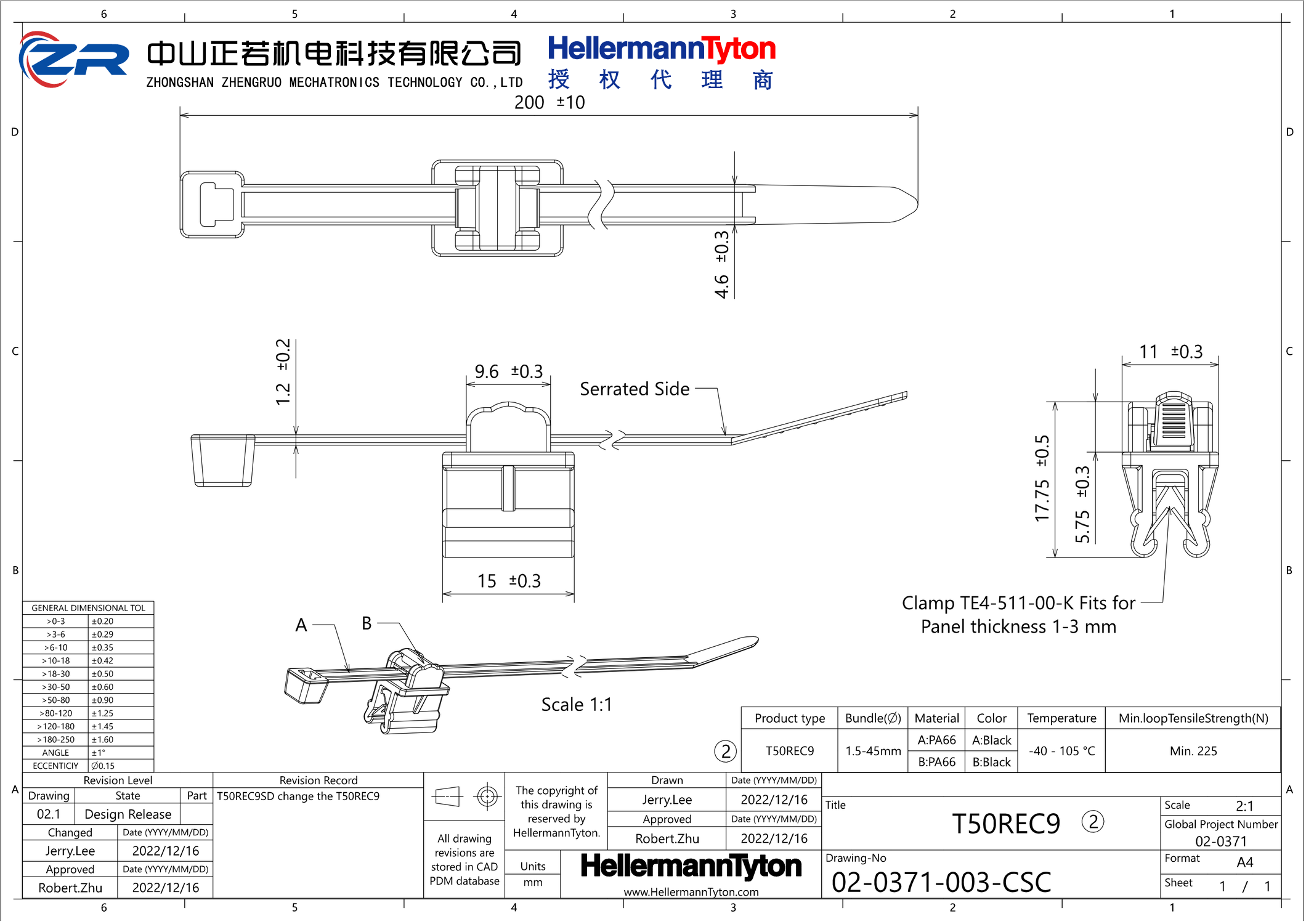 156-00913 T50REC9SD-PA66HS/PA66HIRHS-BK 产品图纸 Hellermanntyton 授权代理-正若机电