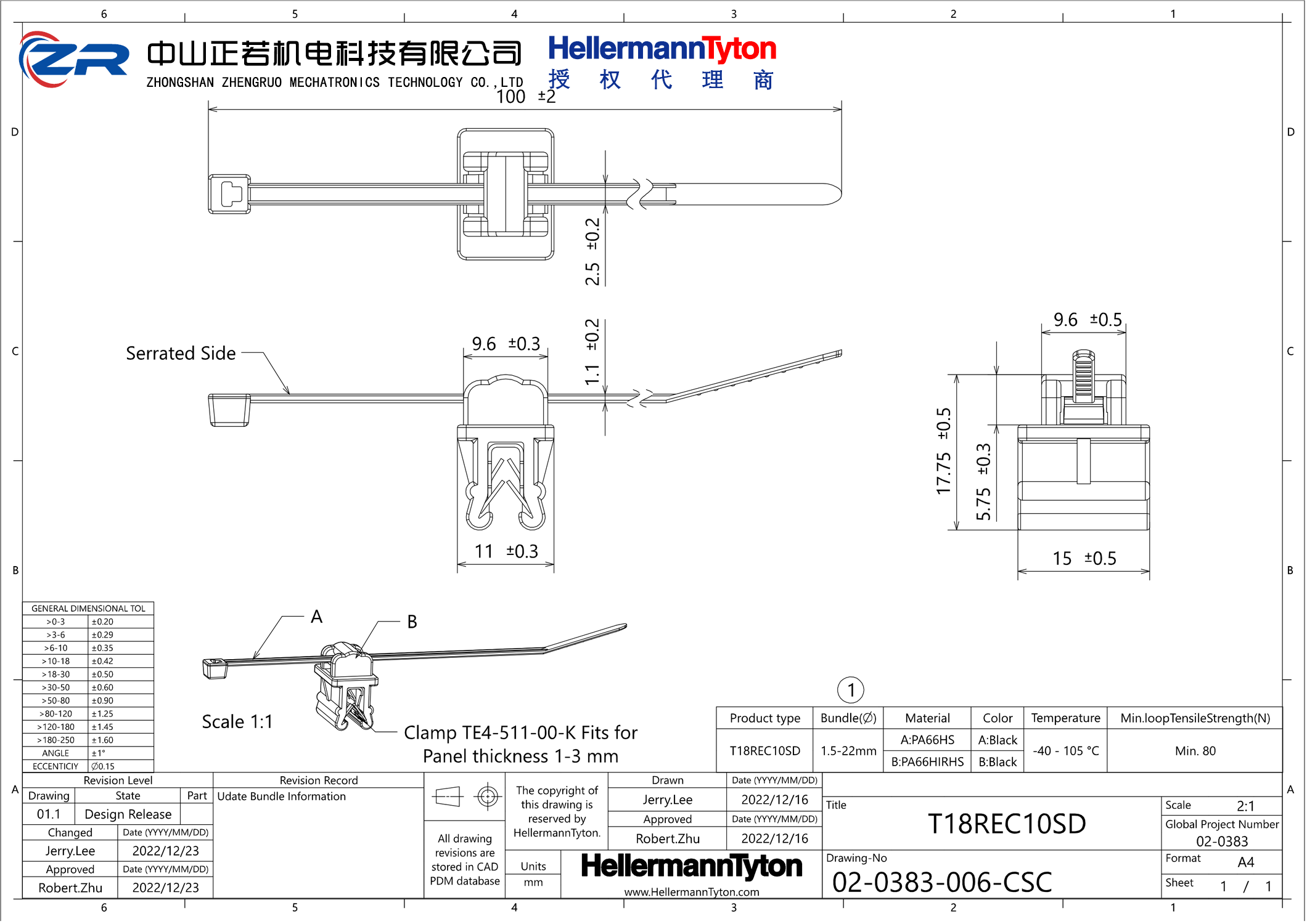 156-00595 T18REC10SD-PA66HS/PA66HIRHS-BK 产品图纸 Hellermanntyton 授权代理-正若机电