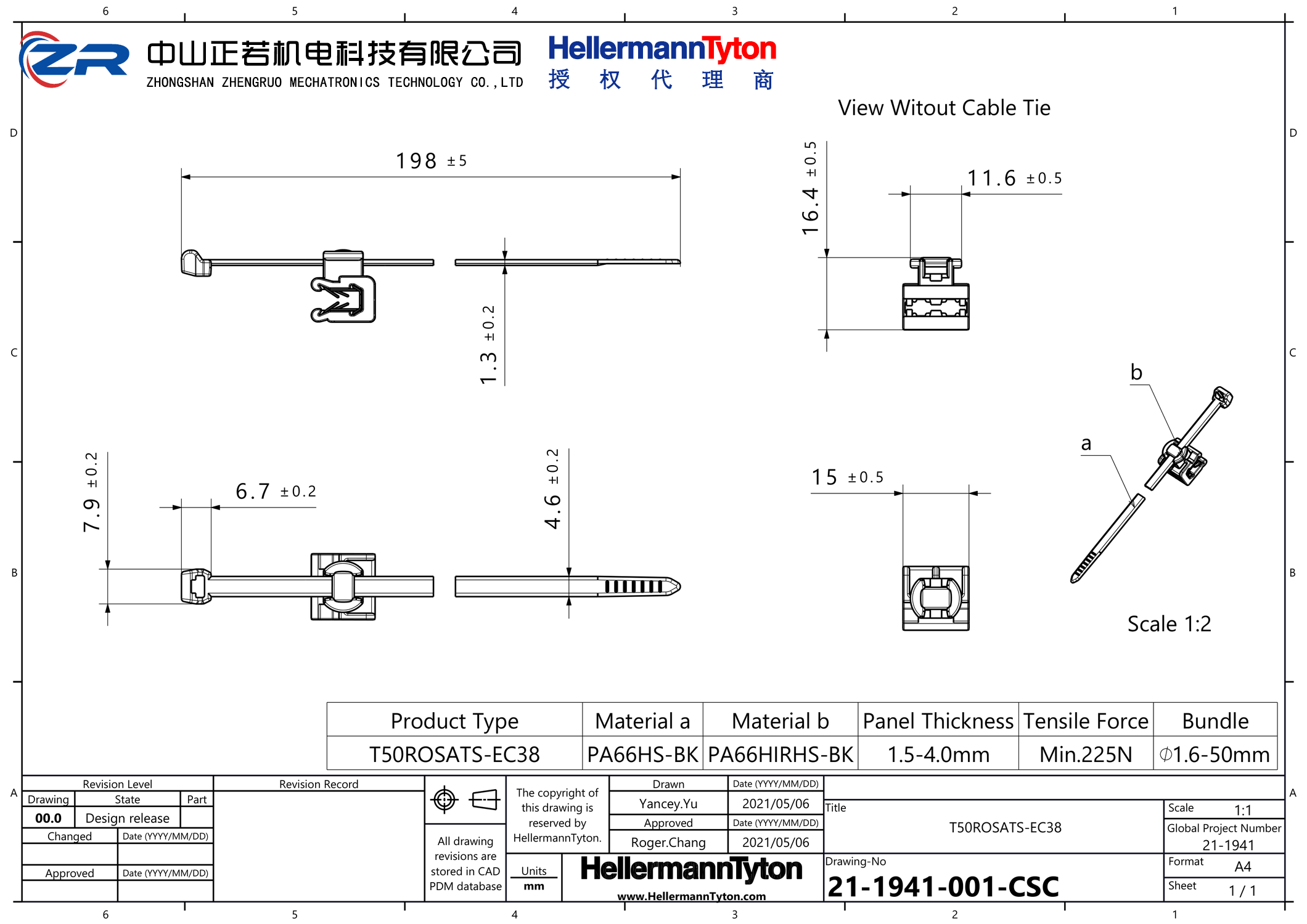 156-04127 T50ROSATS-EC38-PA66HS/PA66HIRHS-BK 产品图纸 Hellermanntyton 授权代理-正若机电