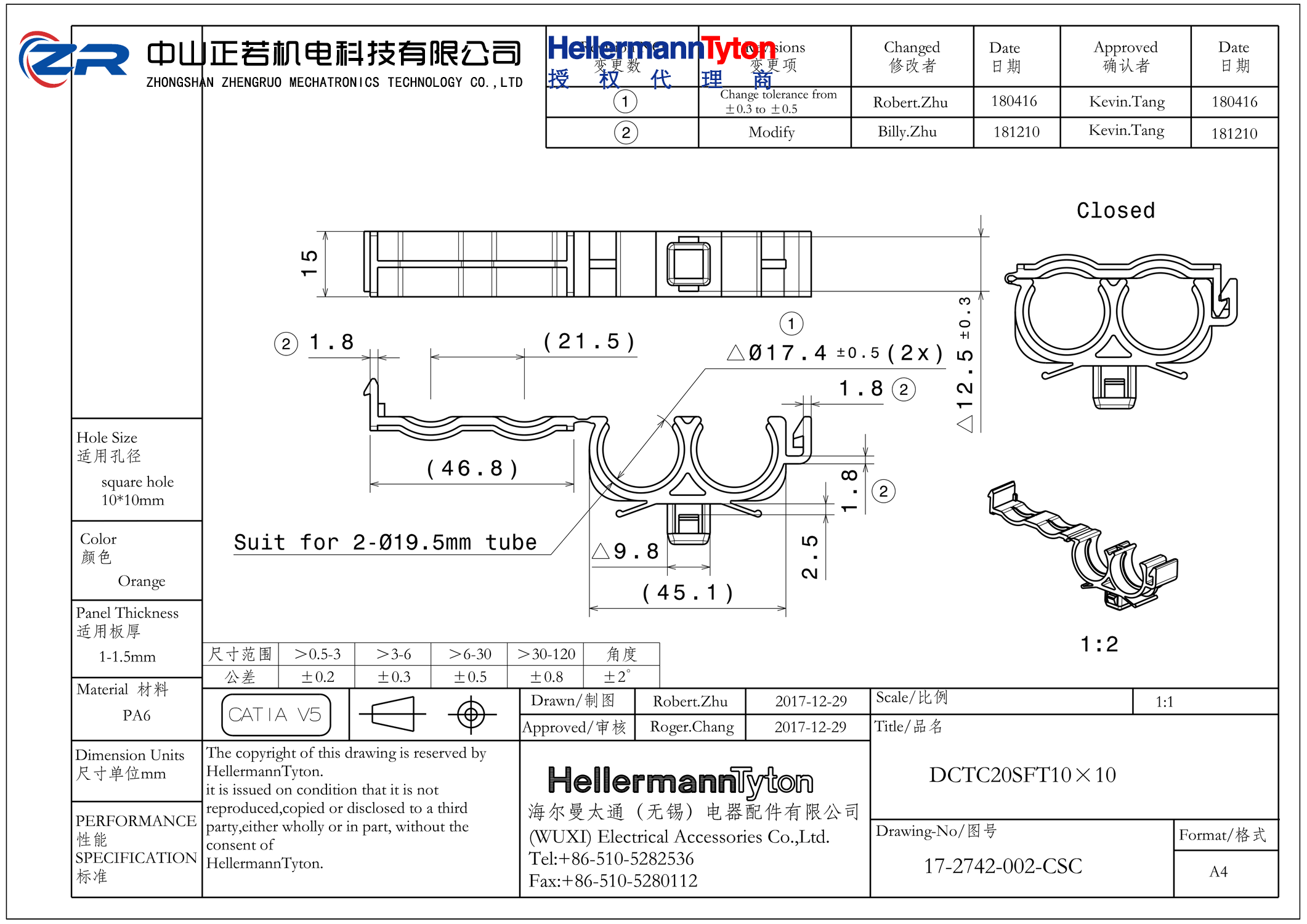 151-02430 DCTC20SFT10X10-PA6-OG 产品图纸 Hellermanntyton 授权代理-正若机电