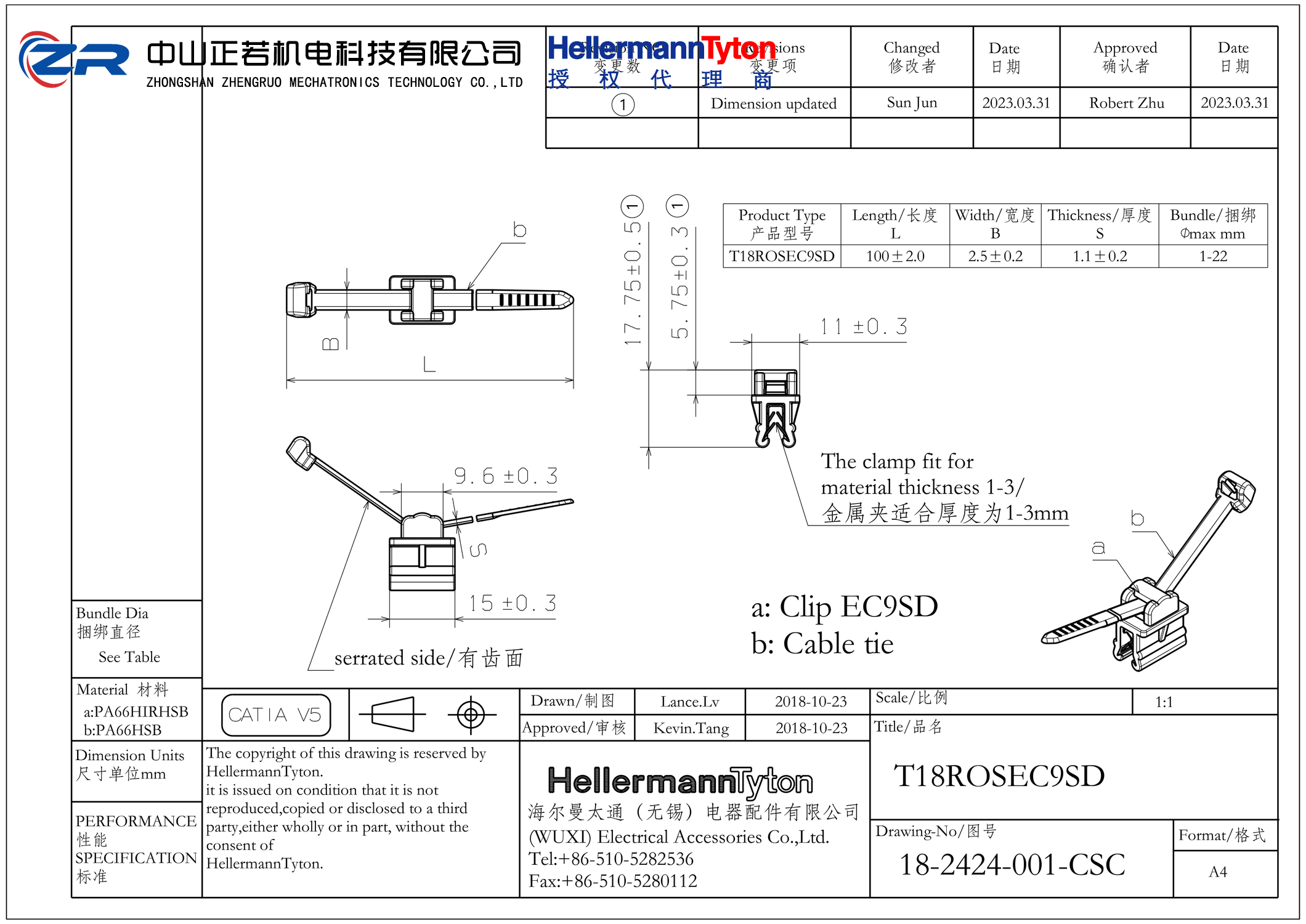 156-00765 T18ROSEC9SD-PA66HS/PA66HIRHS-BK 产品图纸 Hellermanntyton 授权代理-正若机电